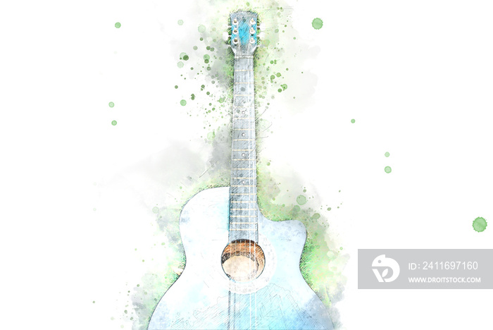 抽象原声吉他在绿草上的水彩插图绘画背景。