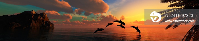 Playing dolphins at sunset, sea sunrise panorama. 3d rendering