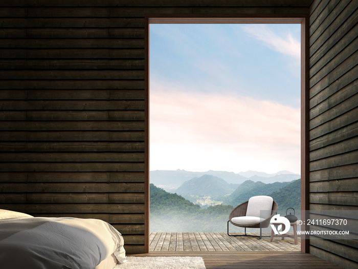 木制小屋的卧室3d渲染，房间有木地板，旧木板墙。家具齐全。