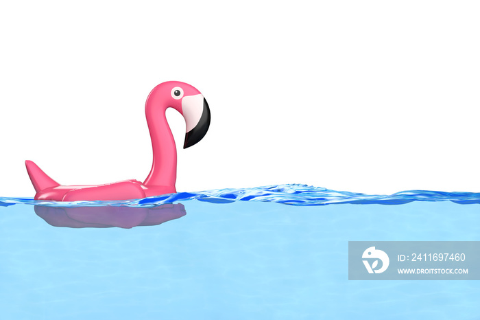 夏季游泳池可充气橡胶粉红色火烈鸟玩具在干净的池水蓝色。3d渲染
