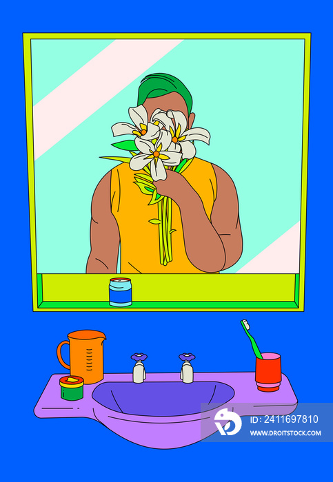 Boy holding sampaguita flowers in front of a mirror