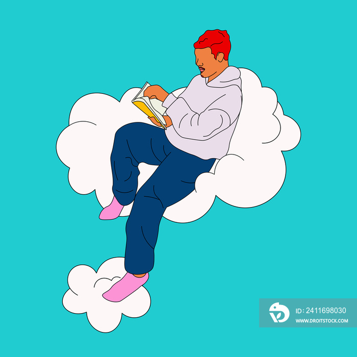 Boy with curly hair reading a book on a cloud