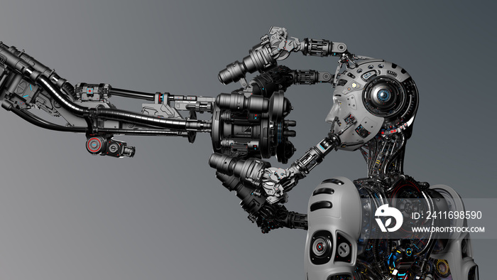 未来机器人或半机械人正在由机械臂或机械手建造。3D渲染。
