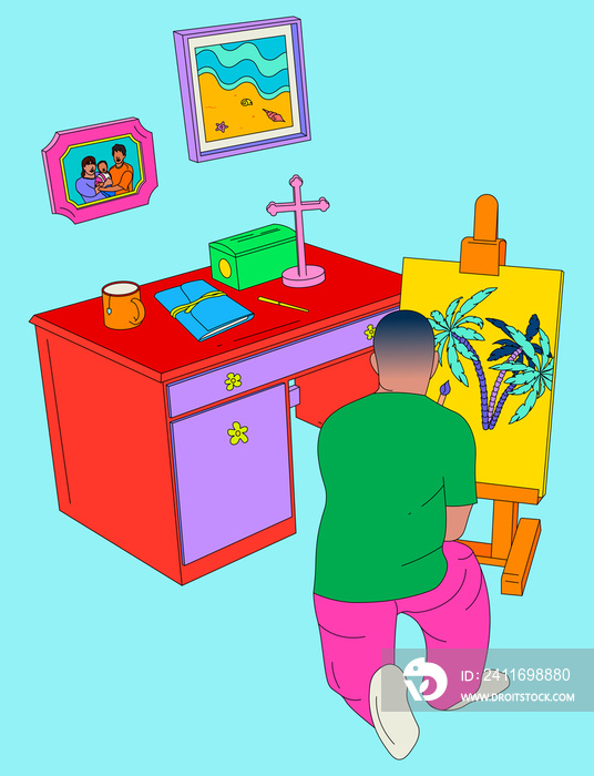 Boy with a buzzcut painting in a bedroom with a desk