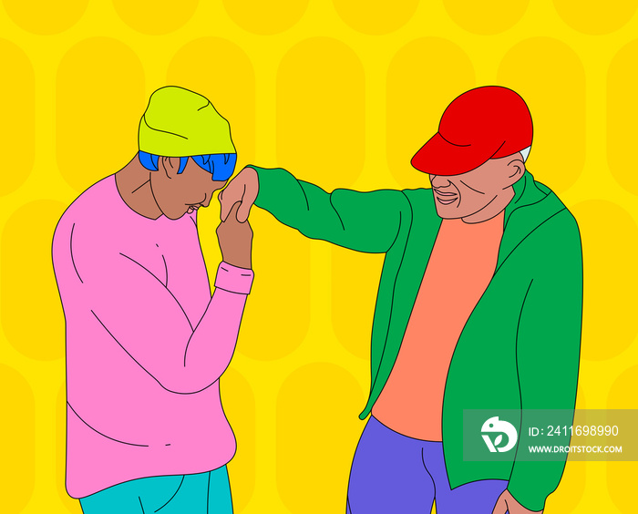 Lolo/ grandpa giving a Filipino blessing (mano po) to a boy on a yellow patterned background