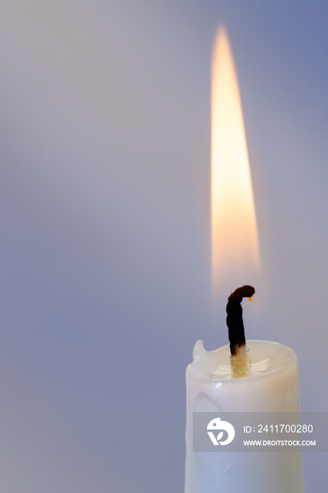 Burning white candle on a purple-purple background