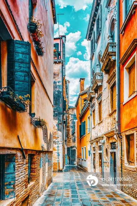 View of the most beautiful places of Venice, narrow streets, houses, city squares. Italy.