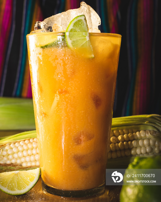 traditional Mexican drink, known as  tejuino  made with fermented corn, lemon, ice.