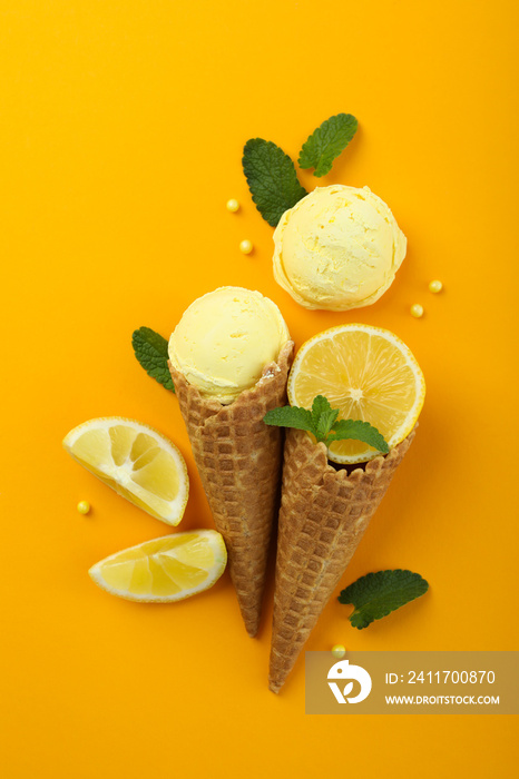 Lemon - mint ice cream on orange background