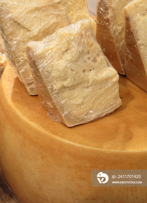 pieces of Cheese Parmesan on sale in the dairy farm