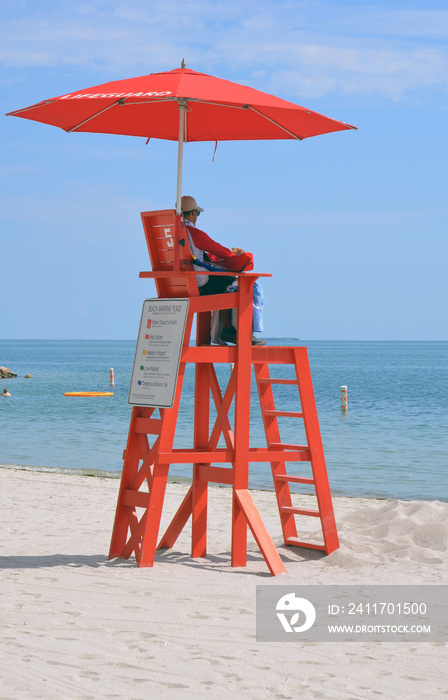 Lifeguard stand on the beach of a tropical island leased by a cruise ship line off the coast of Belize.