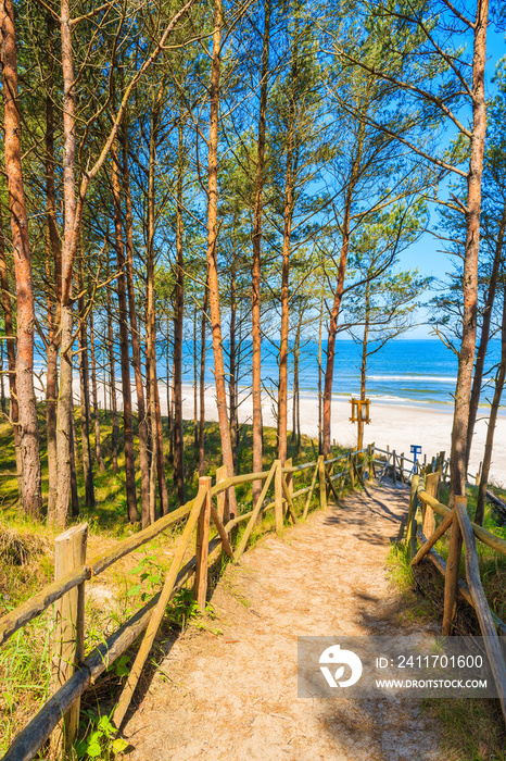 Path in forest to beautiful beach in Lubiatowo coastal village, Baltic Sea, Poland