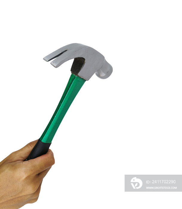 Hand holding a hammer isolated on white background. A new hammer with right hand in closeup