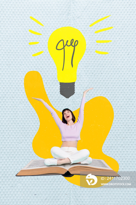 Creative graphics 3d collage of excited girl learning nerd have inspiration lamp bulb genius decision sit open book