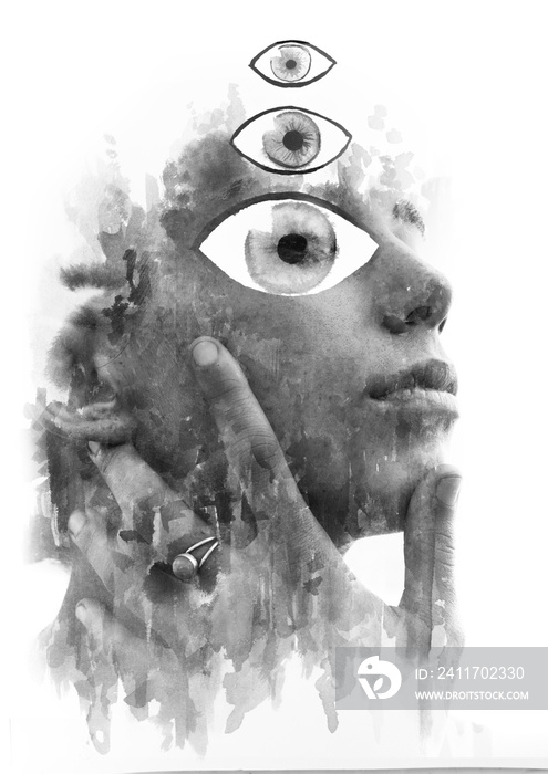 Paintography. Double Exposure portrait of a young beautiful woman combined with hand drawn ink and pencil drawing of three eyes of different sizes. Black and white