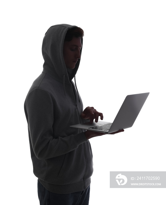 Silhouette of hacker with laptop on white background