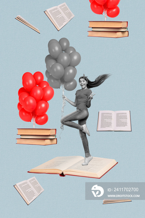 Vertical collage photo of schoolgirl show v-sign hold air balloons enjoy books gift reading science fiction literature isolated on gray background