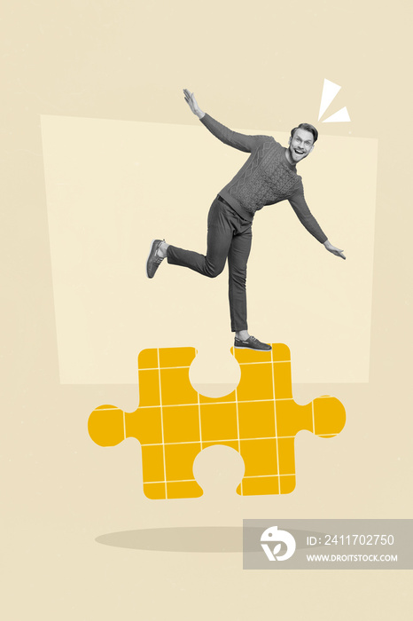 Photo sketch collage graphics artwork picture of funny funky guy standing jigsaw element isolated drawing background