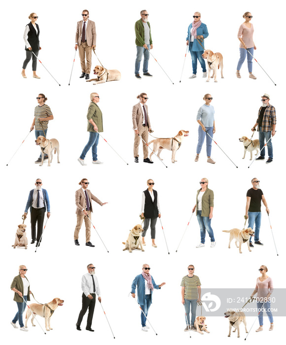 Collage with blind people on white background