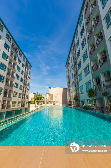 Low rise 8 floor modern condominium building with swimming pool