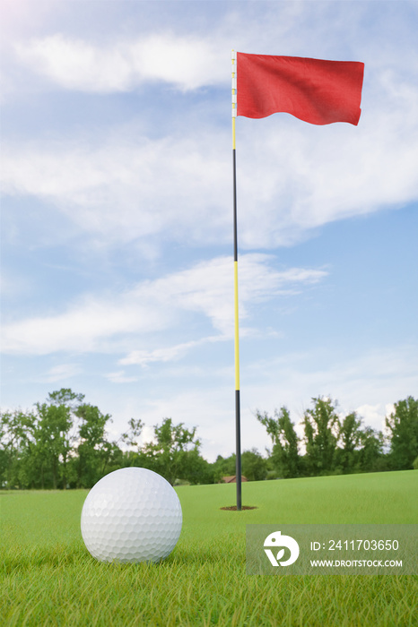 Red flag on golf course putting green with a ball near the hole