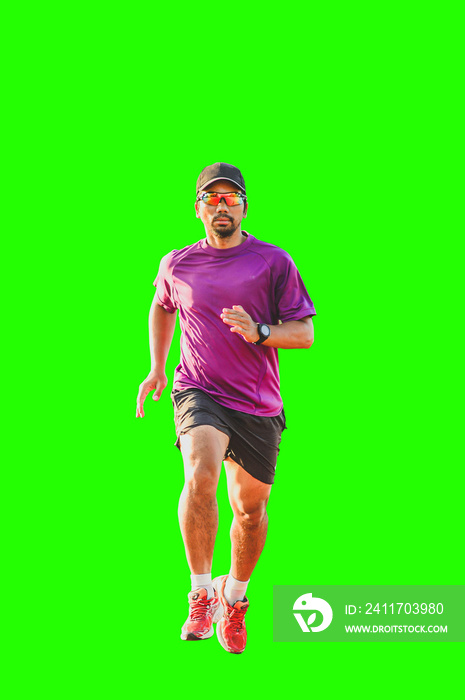 A runner, a middle-aged Asian man wearing glasses. wearing a hat on a colored background with clipping path