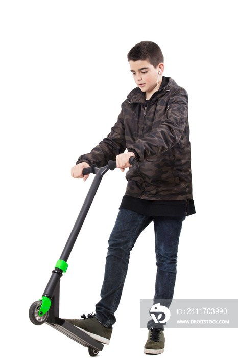 boy with scooter isolated on white background