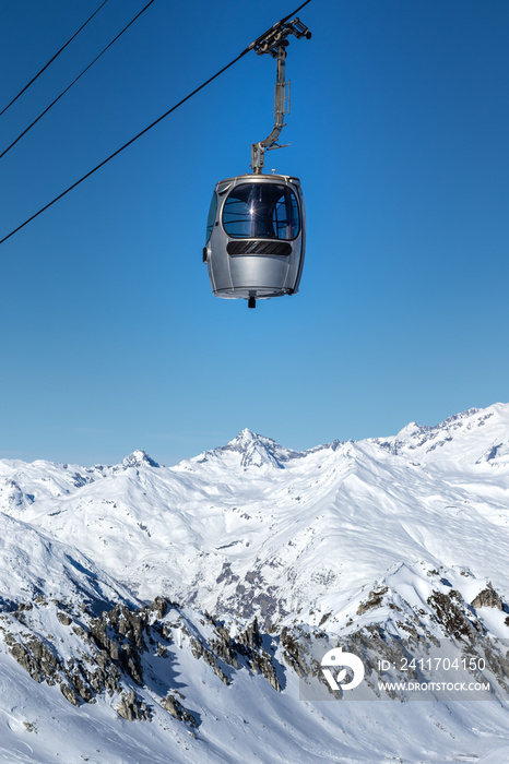 Gondola of a cable car in the popular ski resort Les Arcs in French Alps.