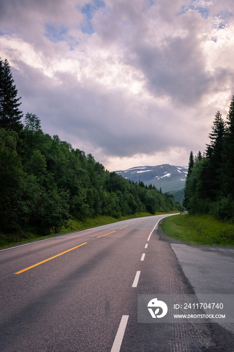 A  scenic road in Norwegian Lapland under the midnight sun