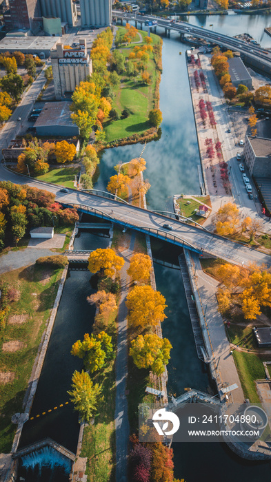Aerial photography, canal Lachine in Montreal during autumn, reflection, colors