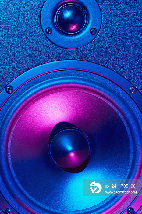 Sound audio speaker with neon lights. Dynamic monitor close up. Creative backgroound