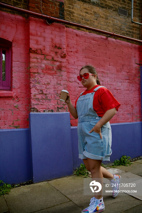 Confident young woman with Down Syndrome in an urban environment holding a coffee-to-go