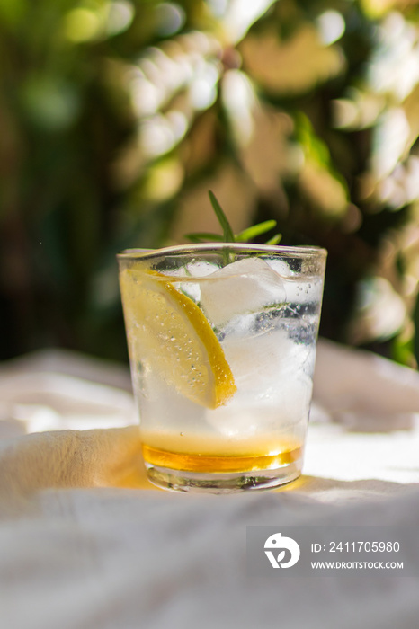 Iced honey lemon soda with rosemary. Refreshment healthy drink with warm sunlight in a garden.