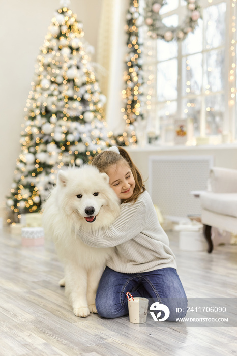 Christmas Child girl hug dog Samoyed. Christmas, winter and people concept.