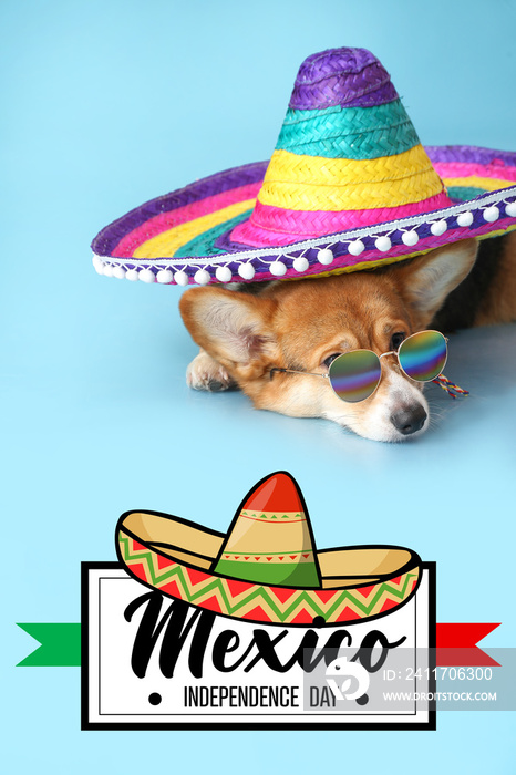 Greeting card for Independence day of Mexico with cute dog in sombrero