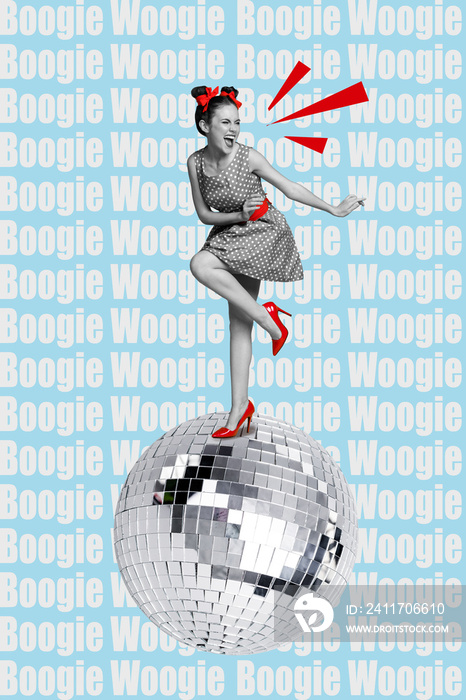 Vertical creative collage image of positive young woman dancing wear retro vintage dress dancing bright disco ball enjoy party have fun