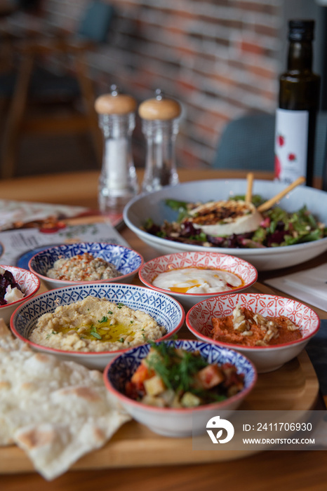 business lanch in a Turkish restaurant with appetizing dishes