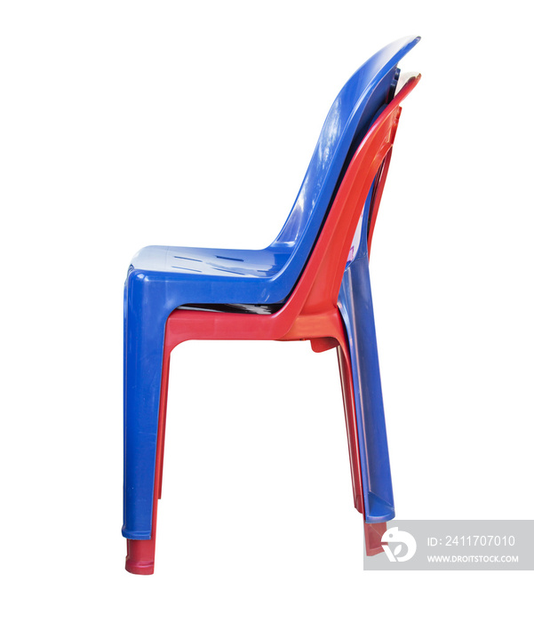Side plastic chair blue and red stacked furniture, stool. Clipping path.Used in the business of organizing parties with sit back and relax.