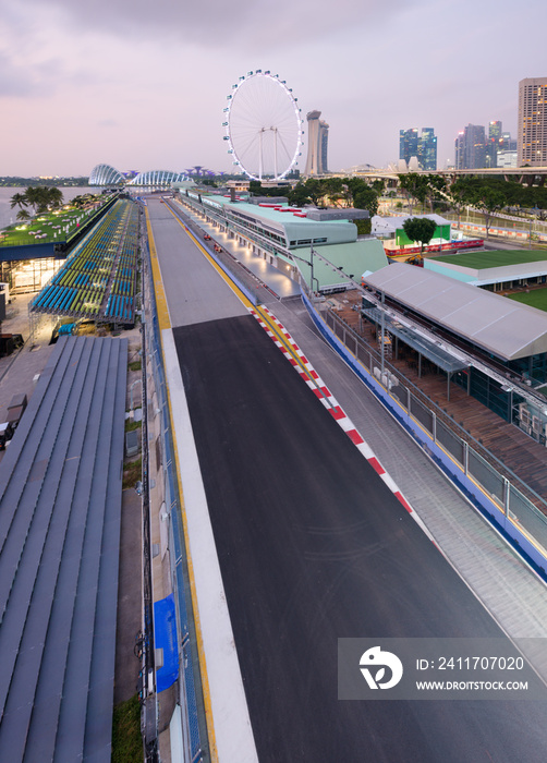 Singapore Formula One Circuit and cityscape at sunrise