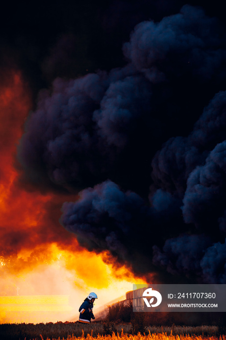 Dramatic scene. Alone firefighter against huge fire with black smoke