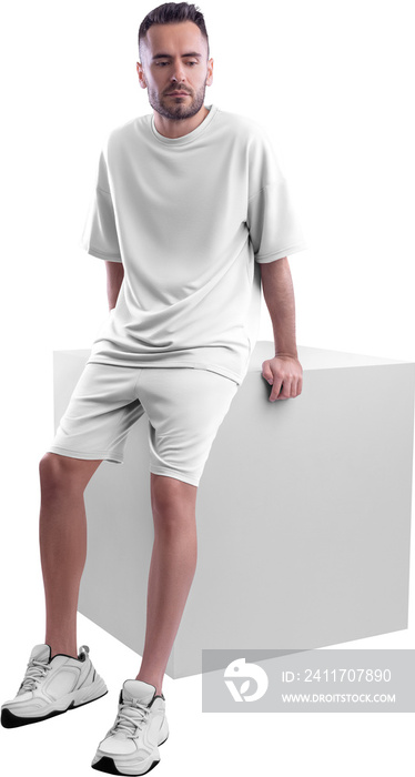 Mockup of white oversize suit, t-shirt, shorts, on guy, on cube, png