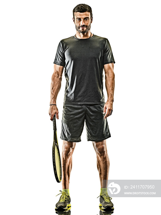 one caucasian mature tennis player man in studio isolated on white background