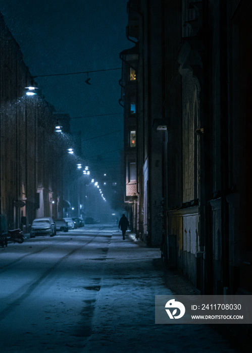 lonely city street in the dead of night at winter