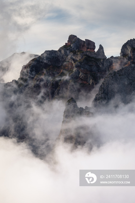 Mysterious mountains in Madeira, shrouded in fog. Pico do Arieiro and other peaks.