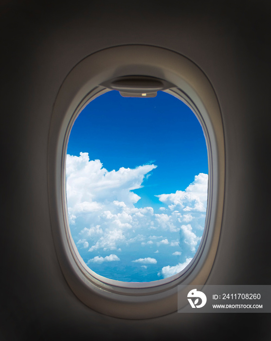 Airplane window with beautiful sky. Airplane window. Travel and tourism concept. New scenic spots