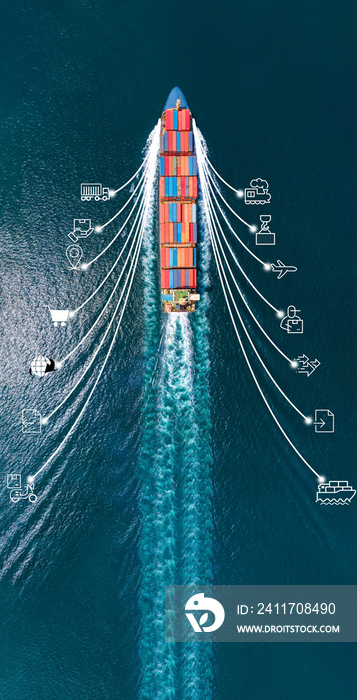 Aerial top view of cargo ship with contrail and smart icons on the ocean sea , ship carrying container export from container international port concept freight shipping by ship service, webinar banner