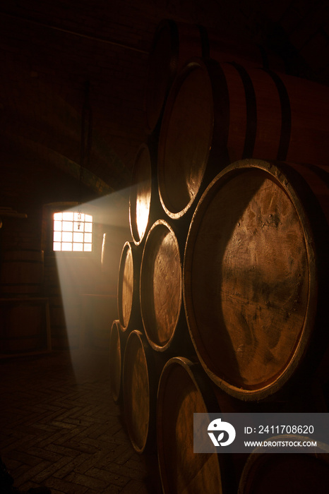 Barrel making workshop in old basement. Wine cellar.