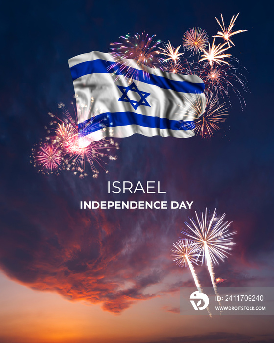 Majestic fireworks and flag of Israel on National holiday