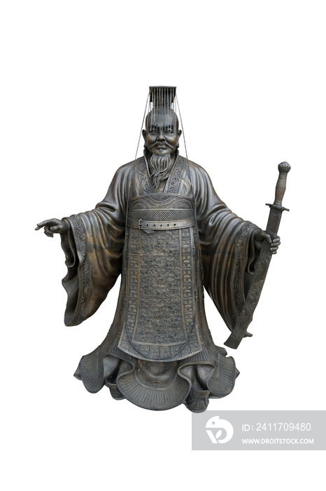 Metal statue of The yellow emperor Huang Ti isolated on white background with clipping path. Genesis of the ancient Chinese dynasty. Ancient emperor of china.