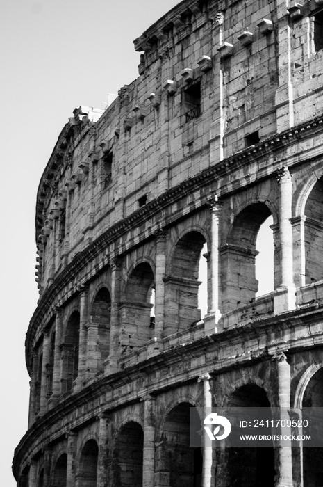 Detail of Colosseum in Rome in black and white